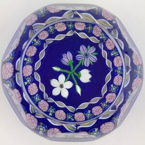 Perthshire 1986B Bouquet Lampwork Flower Millefiori Twist Facet Blue Paperweight